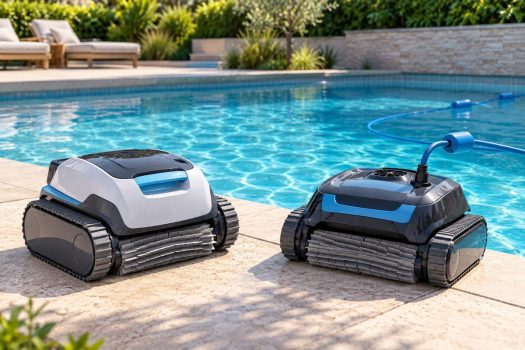 Illustration comparing a corded and cordless pool robot