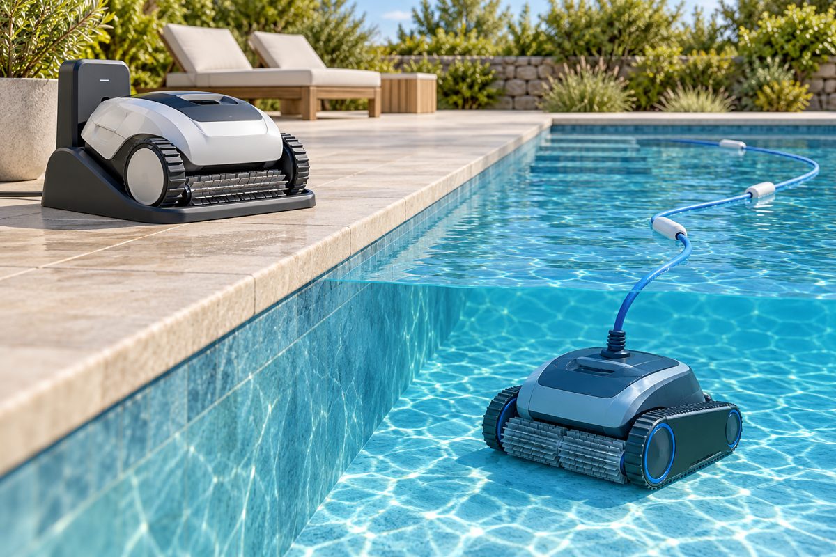 Illustration comparing cordless charging with corded underwater cleaning