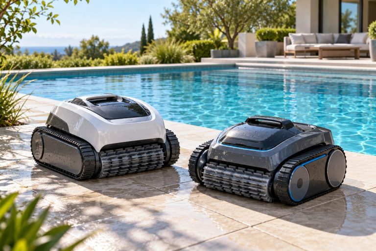 Illustration of two cordless cleaners beside a residential pool