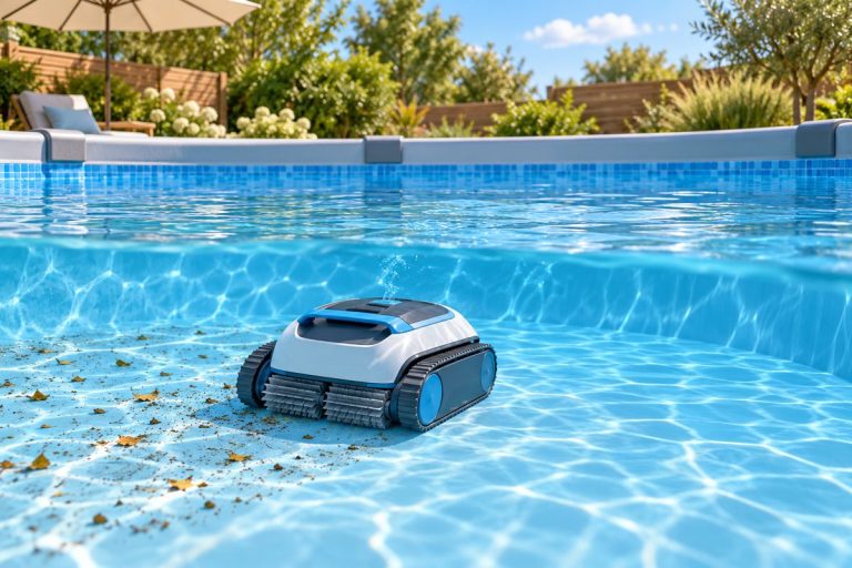 Illustration of a robotic cleaner in a round above-ground pool