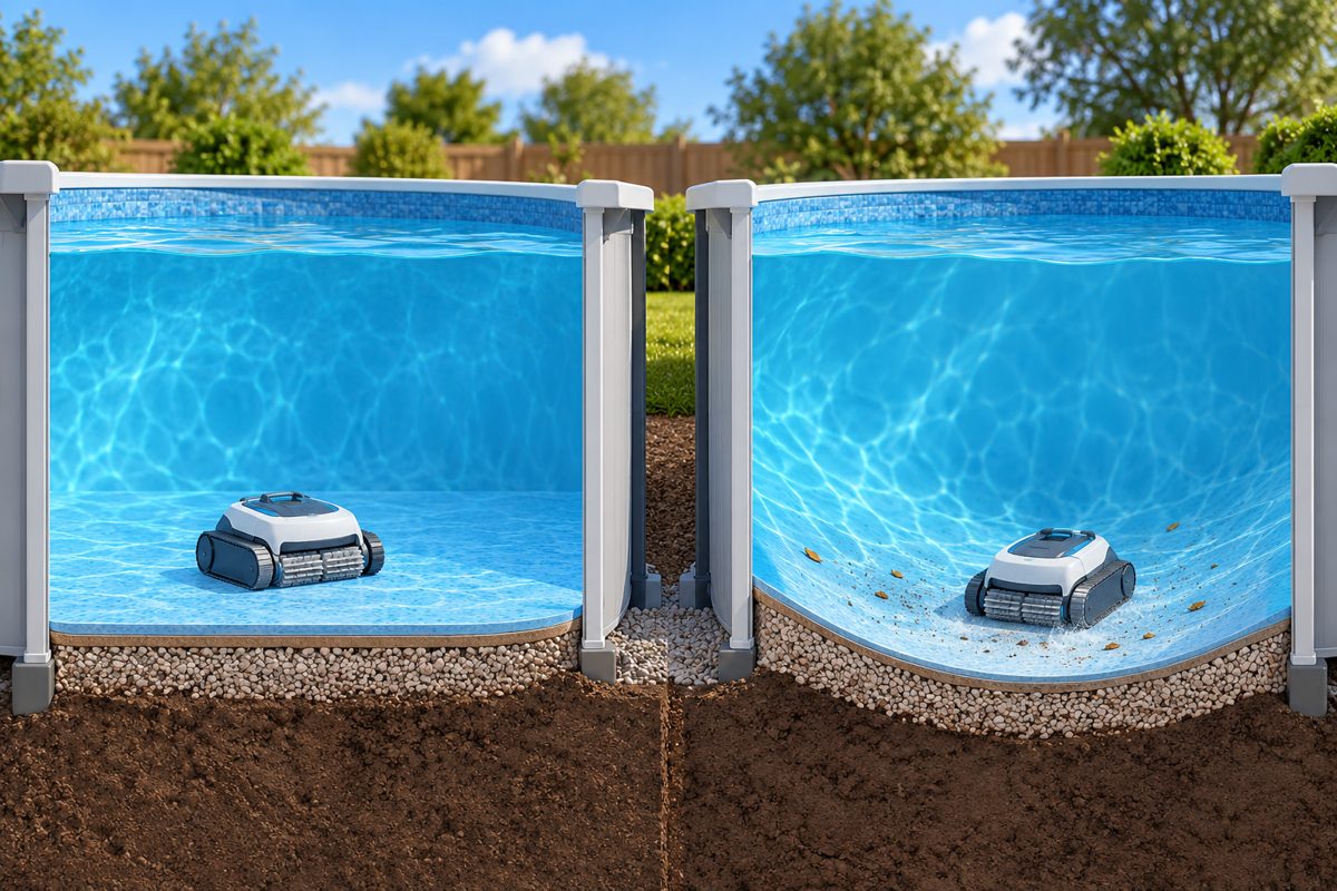 Illustration comparing flat and dished above-ground pool floors