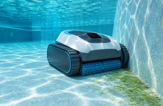 AI-generated editorial illustration of a residential pool robot beside algae on a pool floor and wall.