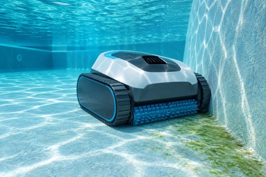 AI-generated editorial illustration of a residential pool robot beside algae on a pool floor and wall.