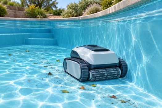 Illustration of a cleaner in a curved fiberglass pool