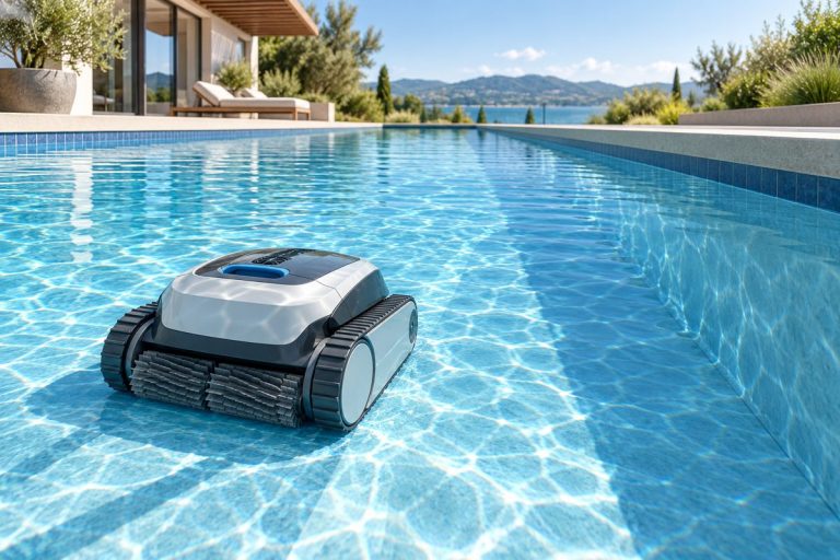 Illustration of a robotic cleaner in a long lap pool