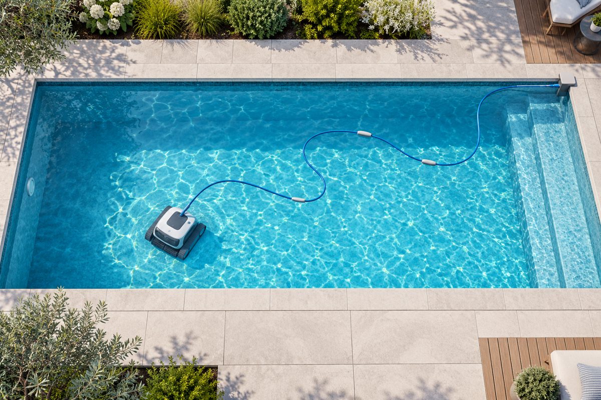 Overhead illustration of a robot and floating cable in a long pool