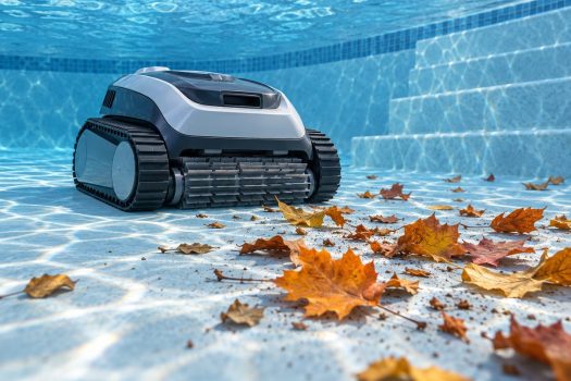 Illustration of a pool robot approaching leaves on the pool floor