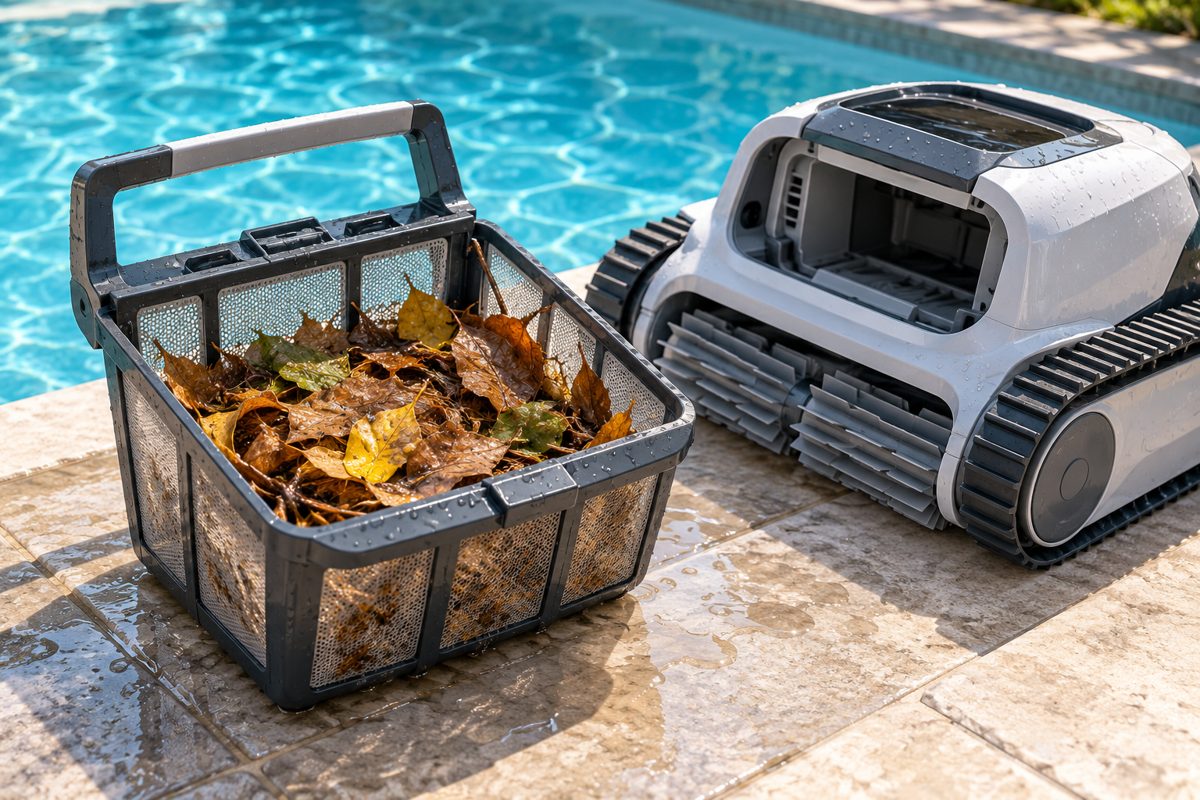 Illustration of a removable debris basket filled with wet leaves