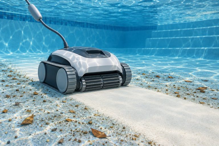 Illustration of a pool robot cleaning sand from the floor