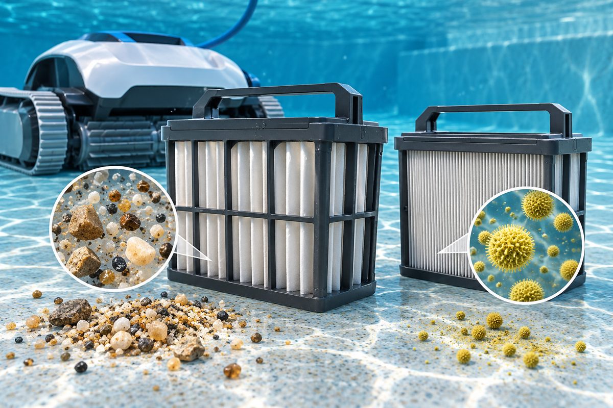 Illustration comparing coarse mesh and fine pleated pool filters