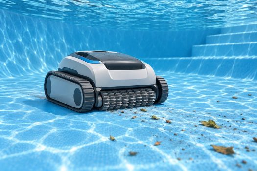 Illustration of a robotic cleaner on a smooth vinyl pool liner