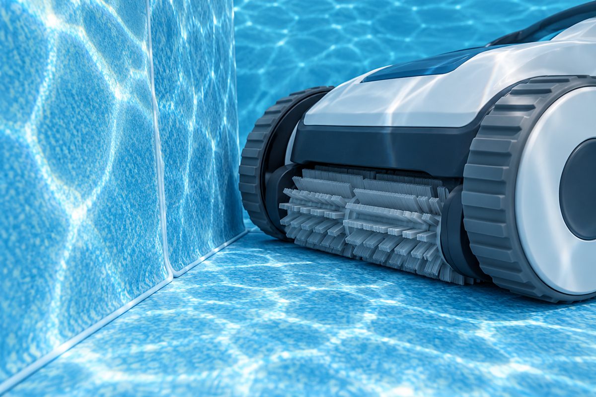 Illustration of a cleaner brush near a vinyl liner seam