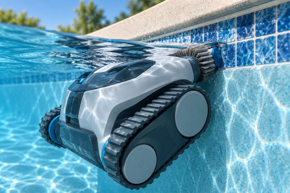 Illustration of a robot brushing the tile band at the waterline