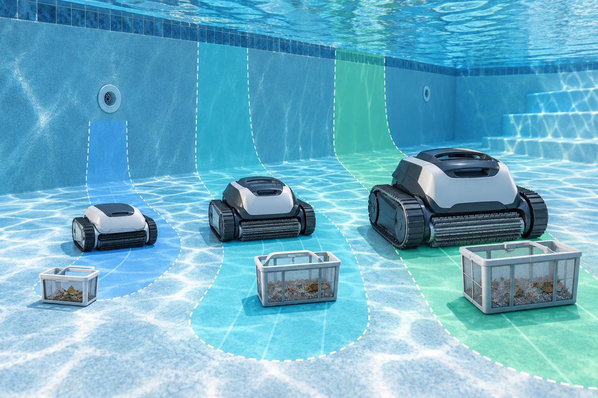 Illustration comparing robot sizes, baskets and cleaning coverage