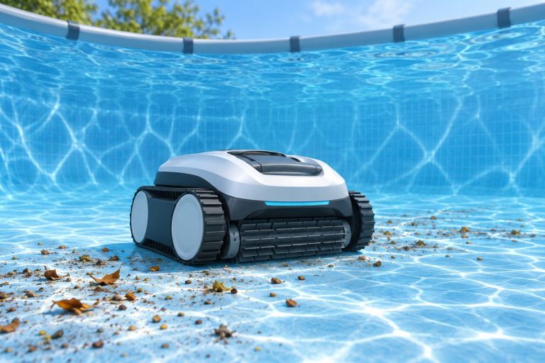Illustration of a compact floor-cleaning robot in an above-ground pool