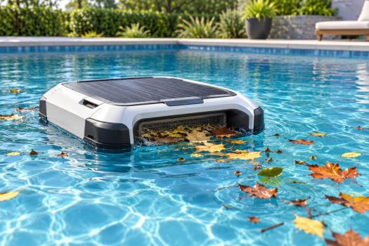 Illustration of a floating solar skimmer collecting leaves