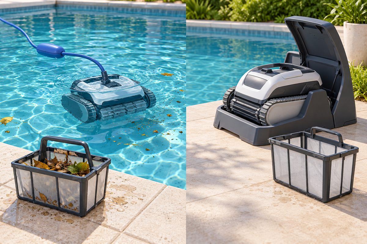 Illustration of a floating cable, charging cradle and filter baskets
