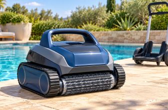 Illustration of a generic robotic pool cleaner with a broad carry handle beside a pool and transport caddy.