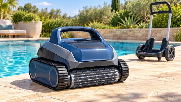 Illustration of a generic robotic pool cleaner with a broad carry handle beside a pool and transport caddy.