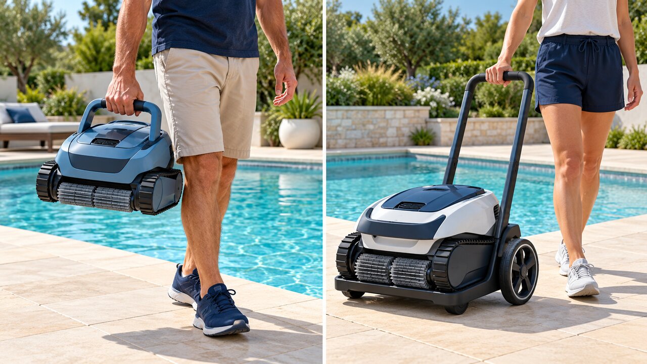 Split illustration of an adult carrying a pool cleaner by its handle and another adult moving a cleaner on a wheeled caddy.