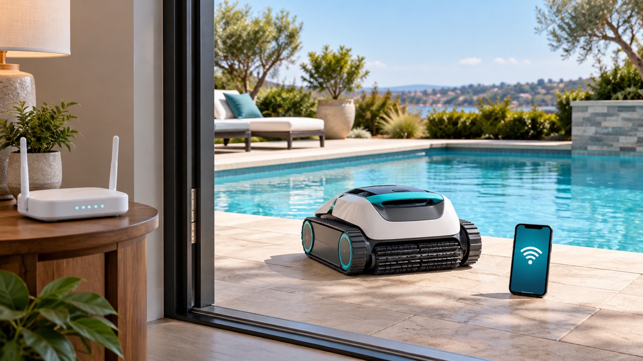 Indoor home router and poolside phone displaying a Wi-Fi symbol, with a pool robot on the dry patio.