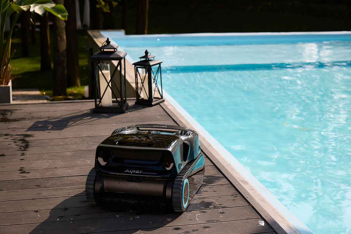 Residential robotic pool cleaner operating underwater