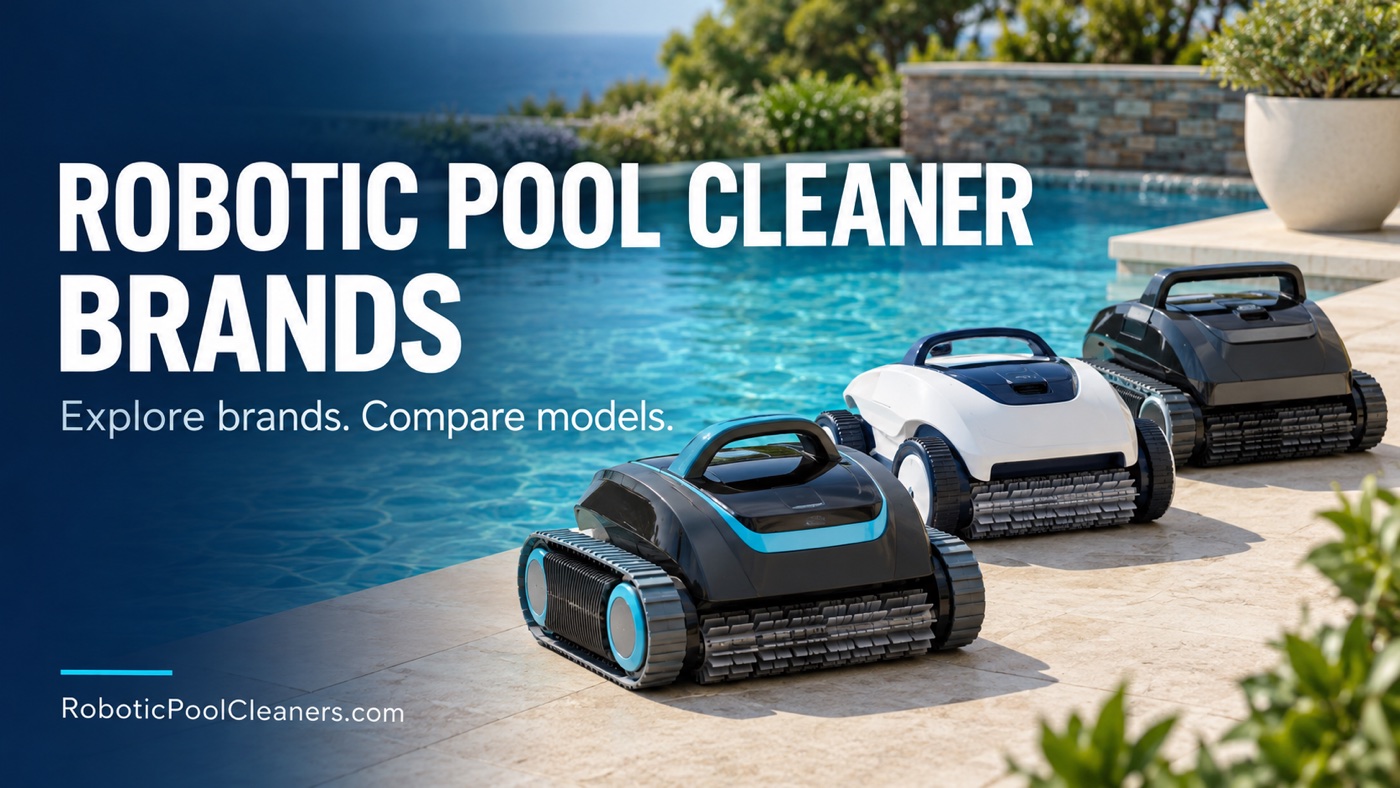 Robotic Pool Cleaner Brands cover with three pool robots beside a swimming pool.