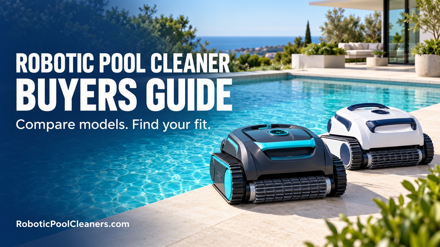 Robotic Pool Cleaner Buyers Guide cover showing two pool robots beside a turquoise swimming pool.
