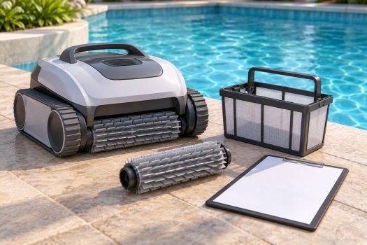 Illustration of an unplugged cleaner beside replacement wear parts