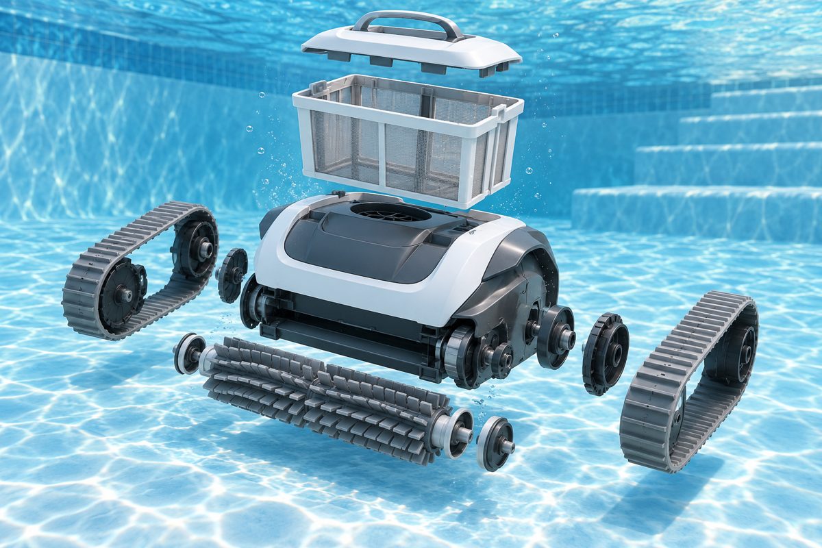 Illustration of removable brushes, tracks and filter with sealed housing intact