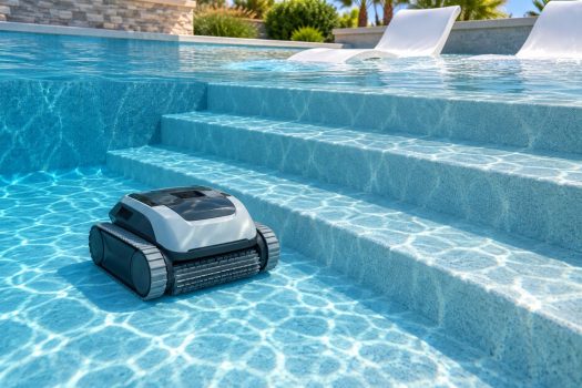 Illustration of a cleaner below pool steps and a tanning ledge