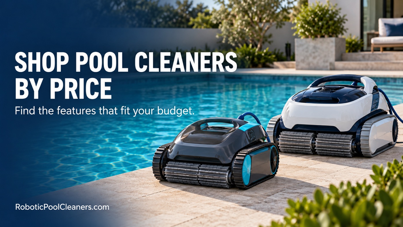 Shop Pool Cleaners by Price cover with two robotic cleaners beside a turquoise pool.