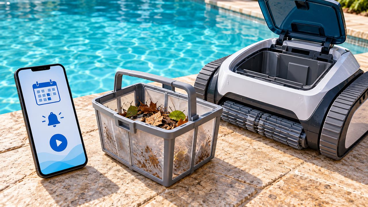 Phone displaying calendar, alert and start icons beside a leaf-filled filter basket and an open pool robot.
