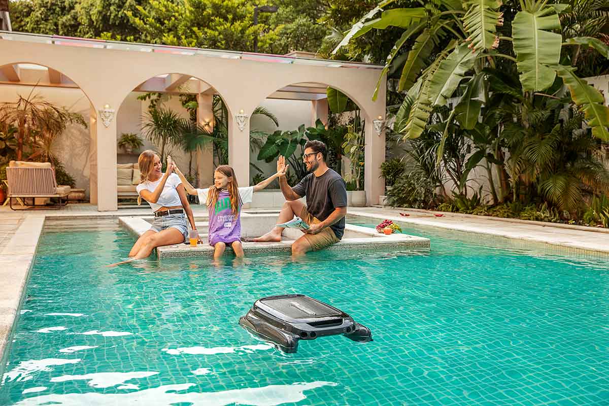 Smart robotic pool vacuum filtering debris underwater