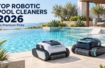 Illustrated cover for Top Robotic Pool Cleaners 2026, showing two unbranded robotic cleaners beside a modern inground pool.