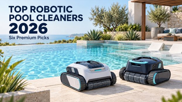 Illustrated cover for Top Robotic Pool Cleaners 2026, showing two unbranded robotic cleaners beside a modern inground pool.