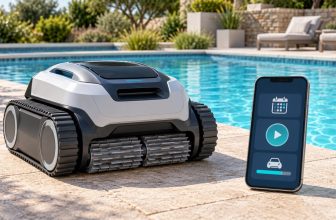 Pool robot beside a phone displaying calendar, start and status icons.
