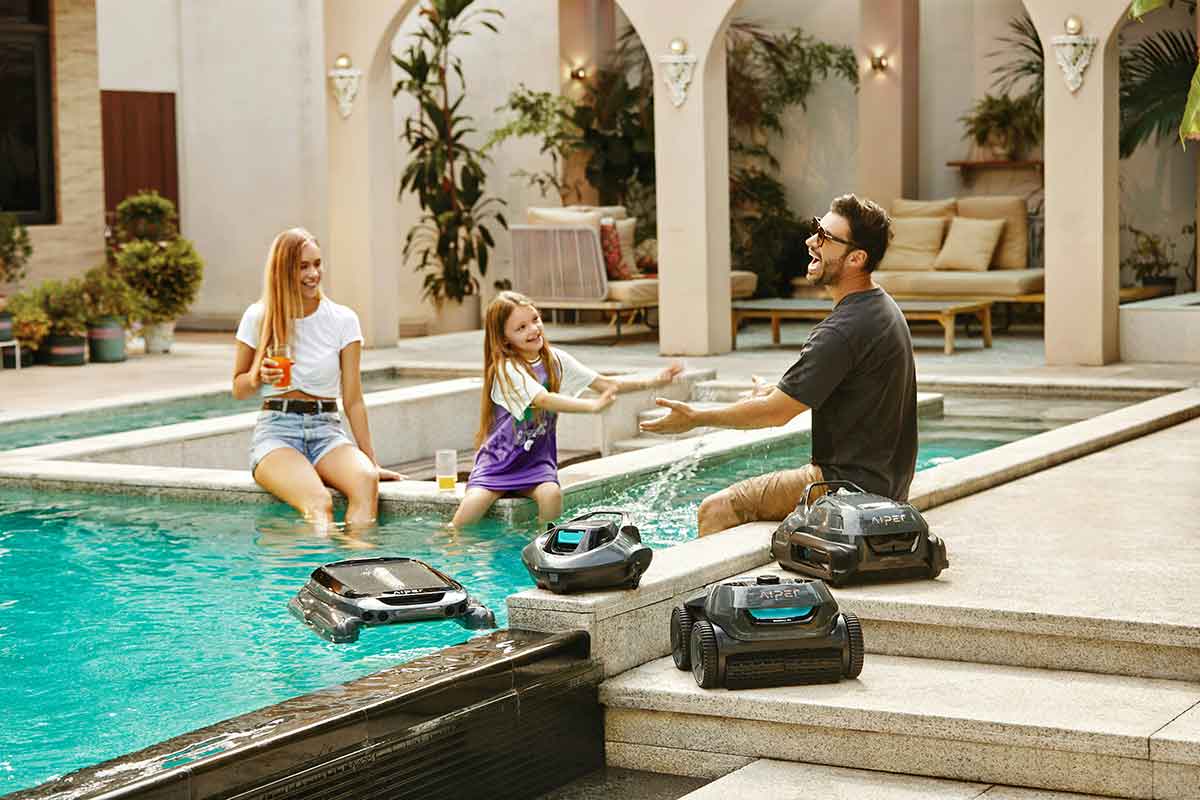 Wireless robotic pool cleaner in a backyard swimming pool